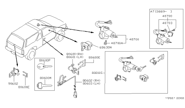 1992 Nissan Pathfinder Cylinder Assembly Door Lock Diagram for 80601-01G25