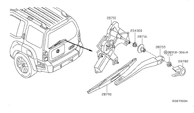 2007 Nissan Xterra Rear Window Wiper Arm Assembly Diagram for 28781-EA000