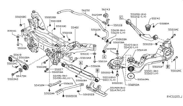 2014 Nissan Rogue Arm Assy-Rear Suspension,LH Diagram for 55502-4BA0A