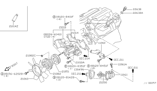 1998 Nissan Pathfinder Thermostat Assembly Diagram for 21200-0B000