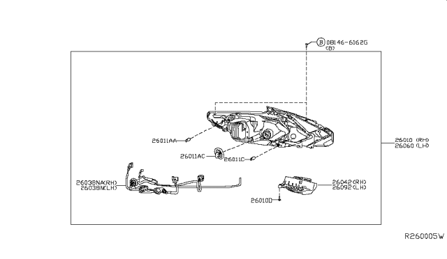 2015 Nissan Altima Driver Side Headlight Assembly Diagram for 26060-3TA0A