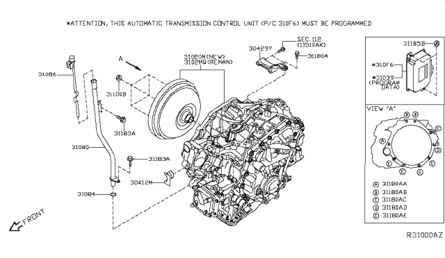 2014 Nissan Altima REMAN TRANSAXLE Assembly - Automatic Diagram for 3102M-3VX0ARE
