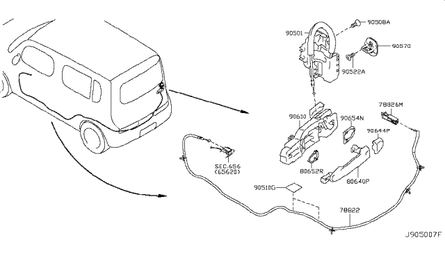 2010 Nissan Cube Back Door Lock & Remote Control Assembly,Left Diagram for 90501-1FC0B