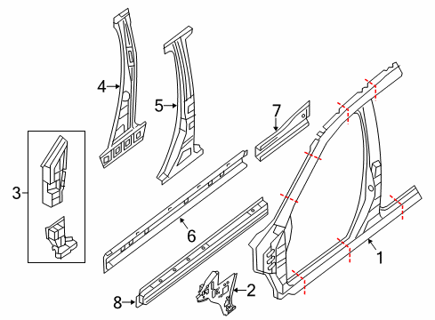 2020 Nissan Pathfinder Aperture Panel, Center Pillar & Rocker, Hinge Pillar Diagram