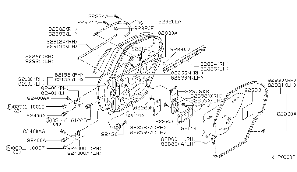 Nissan 82144-9E000 Frame-Rear Door Inner,R