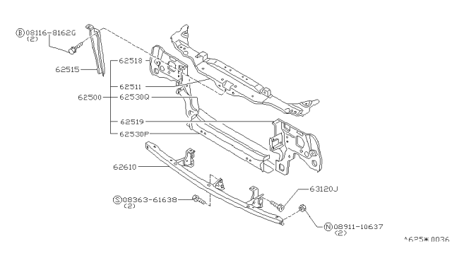 1988 Nissan 200SX Front Apron & Radiator Core Support Diagram