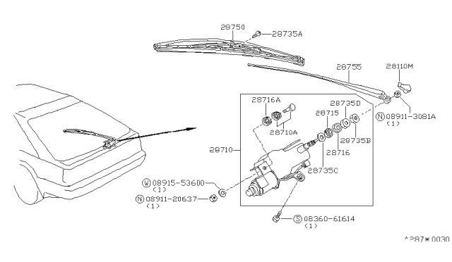 1988 Nissan 200SX Rear Windshield Wiper Blade Assembly Diagram for 28890-04M61