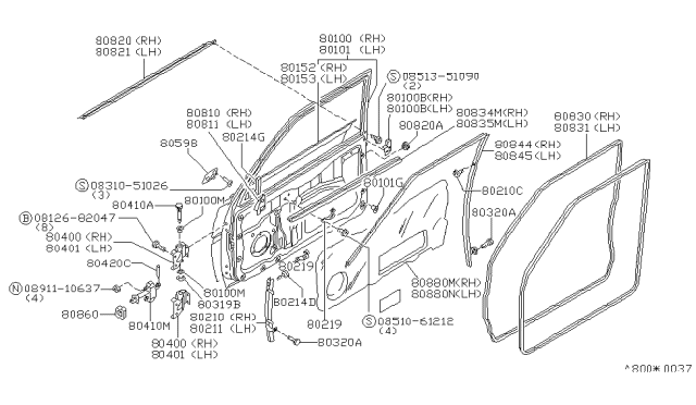 1984 Nissan 200SX Front Door Panel & Fitting Diagram