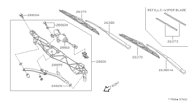 2000 Nissan Quest Windshield Wiper Arm Assembly Diagram for 28886-7B010