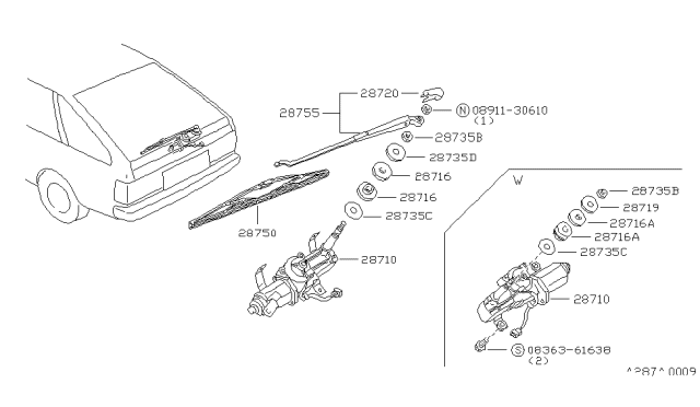 1984 Nissan Sentra Rear Windshield Wiper Blade Assembly Diagram for 28890-21L00
