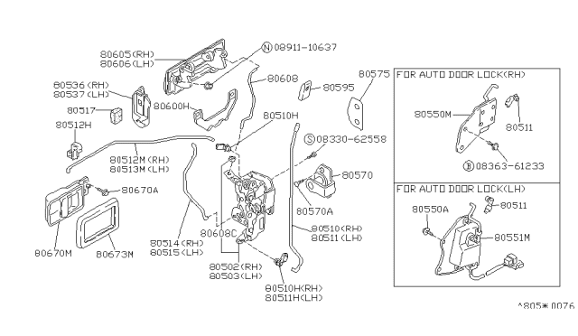 1991 Nissan Stanza Door Inside Handle Assembly Diagram for 80670-65E01