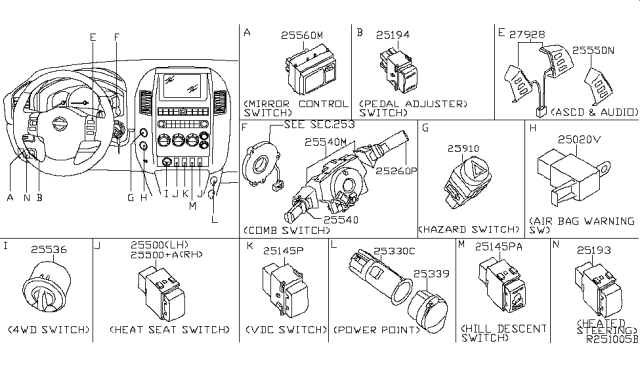 2008 Nissan Pathfinder Switch Assy-Combination Diagram for 25560-EA00D