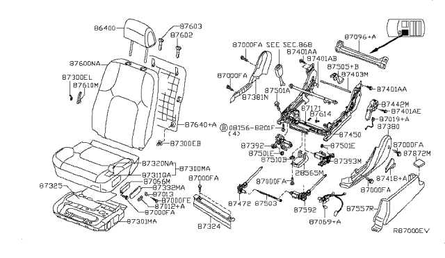 2007 Nissan Pathfinder Knob Switch, Front Seat Slide R Diagram for 87012-ZP00C