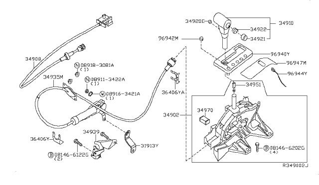 2007 Nissan Pathfinder Control Cable Assembly Diagram for 34935-EA600