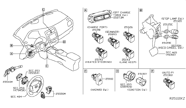 2019 Nissan Leaf Switch Assembly-Heat Steering Diagram for 25193-5SA0A