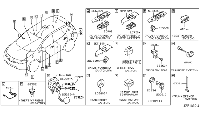 2009 Nissan Murano Switch Assembly-Seat Memory Diagram for 25491-EH100