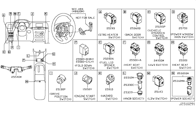 2014 Nissan Murano Switch Assembly-Fuel Lid Opener Diagram for 25280-CD00A