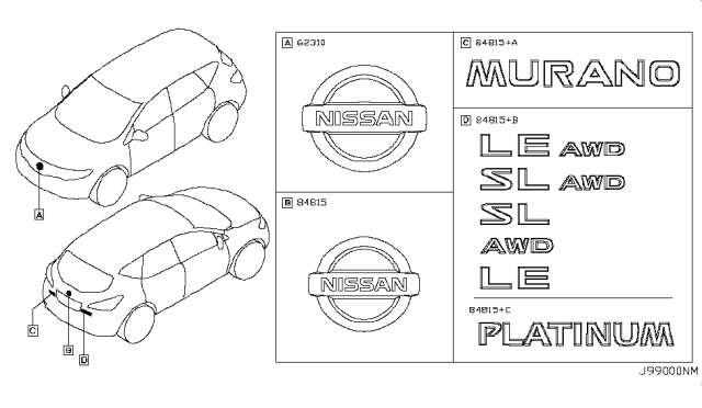 2013 Nissan Murano Emblem & Name Label Diagram