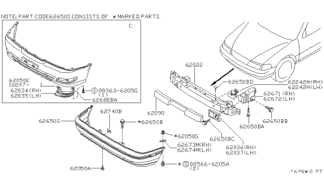1998 Nissan Sentra Stay-Front Bumper,LH Diagram for 62211-1M200