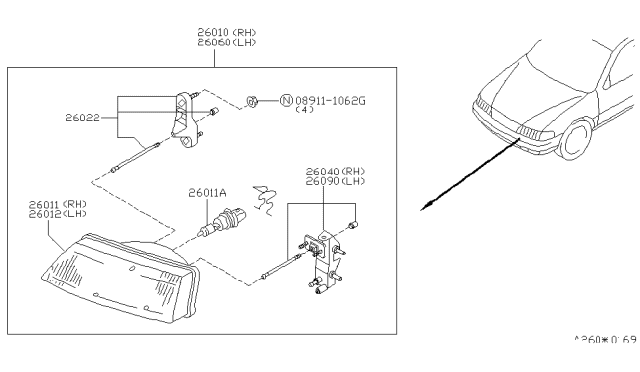 1998 Nissan Sentra Driver Side Headlight Assembly Diagram for 26060-8Z025