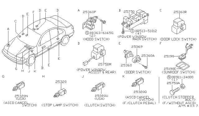 1995 Nissan Sentra Switch Assy-Power Window,Assist Diagram for 25411-4B000