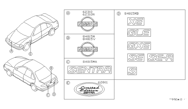 1996 Nissan Sentra Emblem & Name Label Diagram