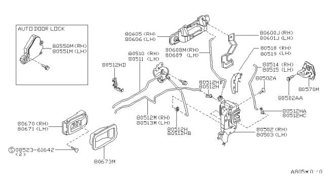 1996 Nissan 200SX Front Door Outside Handle Assembly, Left Diagram for 80607-4B707