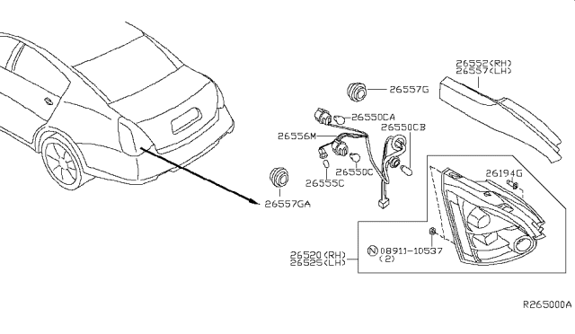 2007 Nissan Maxima Rear Combination Lamp Socket Assembly Diagram for 26551-7Y000