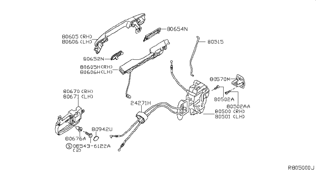 2004 Nissan Maxima Front Door Outside Handle Assembly, Left Diagram for 80607-7Y094