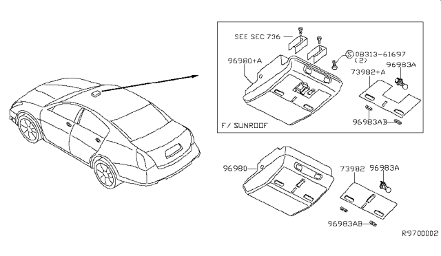 2006 Nissan Maxima Console Assembly-Roof Diagram for 96980-ZK21A