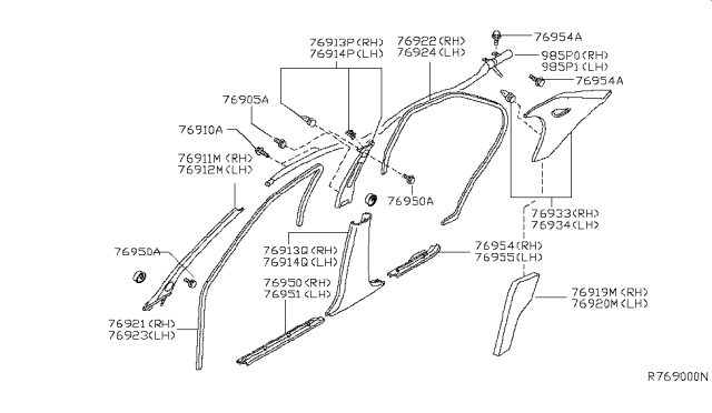 2004 Nissan Maxima Garnish-Center Pillar,Upper RH Diagram for 76913-7Y001