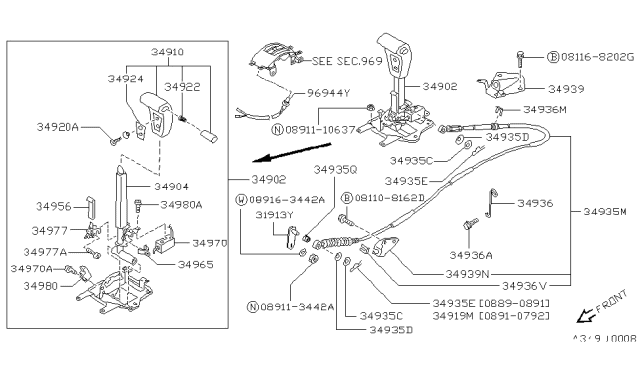 1989 Nissan Pathfinder Control Cable Assembly Diagram for 34935-30G00