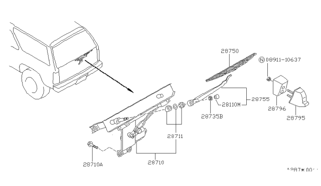1993 Nissan Pathfinder Rear Window Wiper Arm Assembly Diagram for 28780-41G01