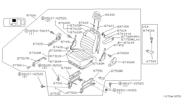 1993 Nissan Axxess Front Seat Armrest Assembly Left Diagram for 87750-40R00