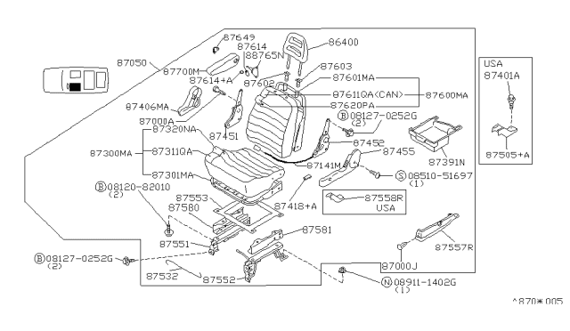 1991 Nissan Axxess Front Seat Armrest Assembly Right Diagram for 87700-30R01