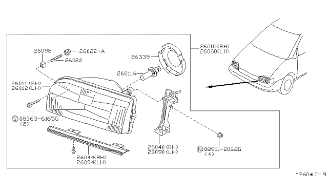 1990 Nissan Axxess Passenger Side Headlamp Assembly Diagram for B6010-30R00