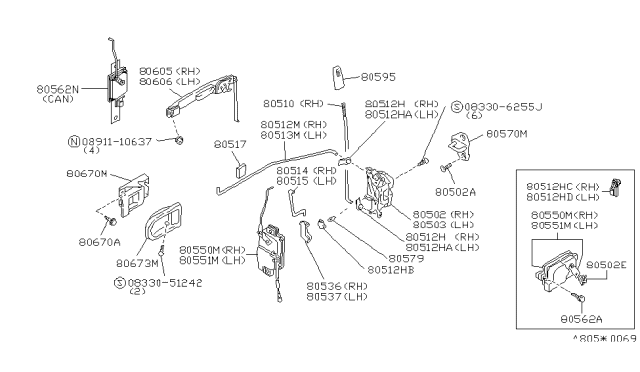 1991 Nissan Axxess Front Door Outside Handle Assembly, Right Diagram for 80606-30R00