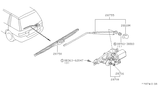 1993 Nissan Axxess Rear Window Wiper Arm Assembly Diagram for 28780-30R00