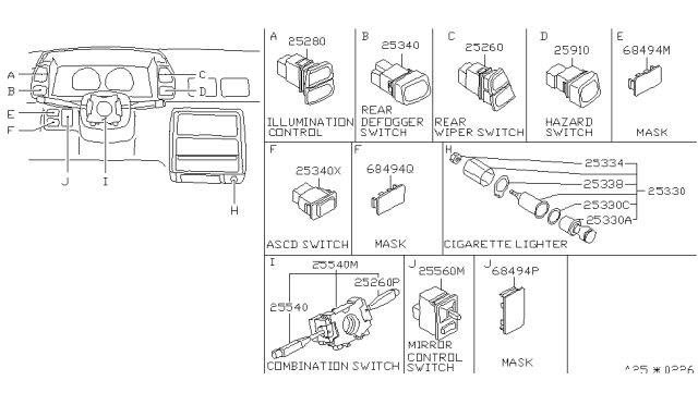1993 Nissan Axxess Switch Assy-Combination Diagram for 25560-30R10