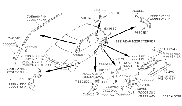 1991 Nissan Axxess Weatherstrip-Roof Drip,LH Diagram for 76843-30R00