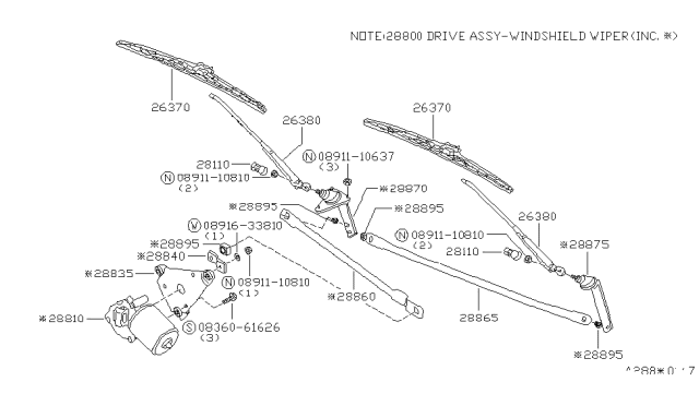 1982 Nissan Datsun 310 Wiper Motor Arm Assembly Diagram for 28840-M6600