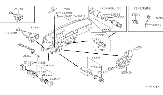 1980 Nissan Datsun 310 Switch Complete Diagram for 25560-M7800