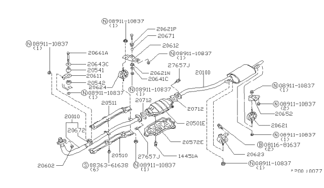 1981 Nissan Datsun 310 Exhaust Tube Assembly, Front Diagram for 20010-M6765