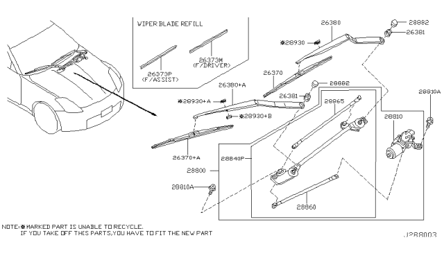 2007 Nissan 350Z Windshield Wiper Arm Assembly Diagram for 28886-CD005