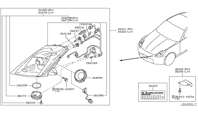 2003 Nissan 350Z Headlamp Housing Assembly, Passenger Side Diagram for 26025-CD010