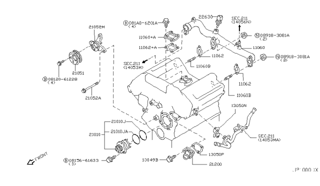 2006 Nissan 350Z Engine Water Cooler Coolant Pipe Outlet Diagram for 11060-JK20A