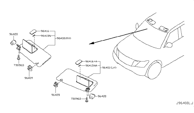 2019 Nissan Armada Right Sun Visor Assembly Diagram for 96400-1A63A