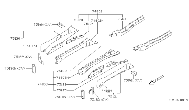 1991 Nissan 240SX Extension-Front Side Member,Rear LH Diagram for 75171-53F00