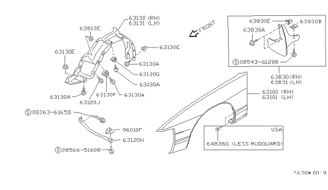 1991 Nissan 240SX Protector-Front Fender LH Diagram for 63843-35F00