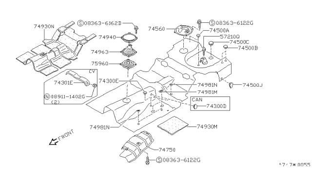 1990 Nissan 240SX Boot-Rubber Control Lever Diagram for 74960-35F00